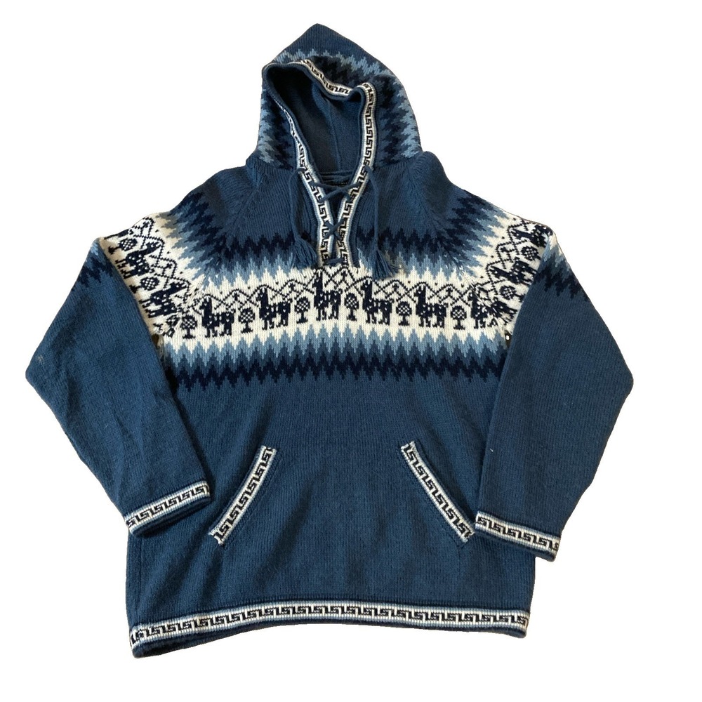 Alpaca Connection Wool Sweater Womens Sz M Blue White Nordic Hooded Pullover